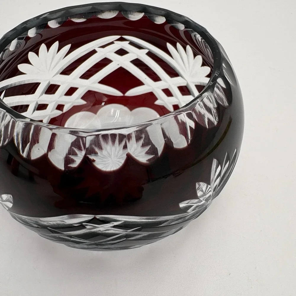 Bohemian Crystal Cut Clear Red Cranberry Votive‎ / Small Flower Design Bowl